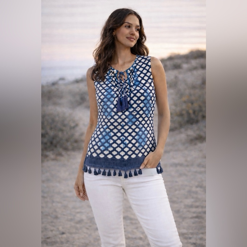 Roller Rabbit Tassel Hem Sleeveless Top Blue White Boho Tunic Small Cotton